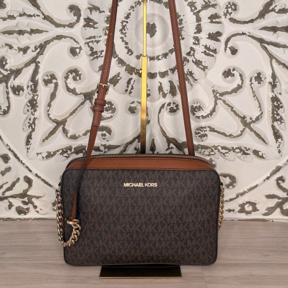 Michael Kors Jet Set Travel Large Crossbody Bag MK Brown PVC Leather Gold Chain